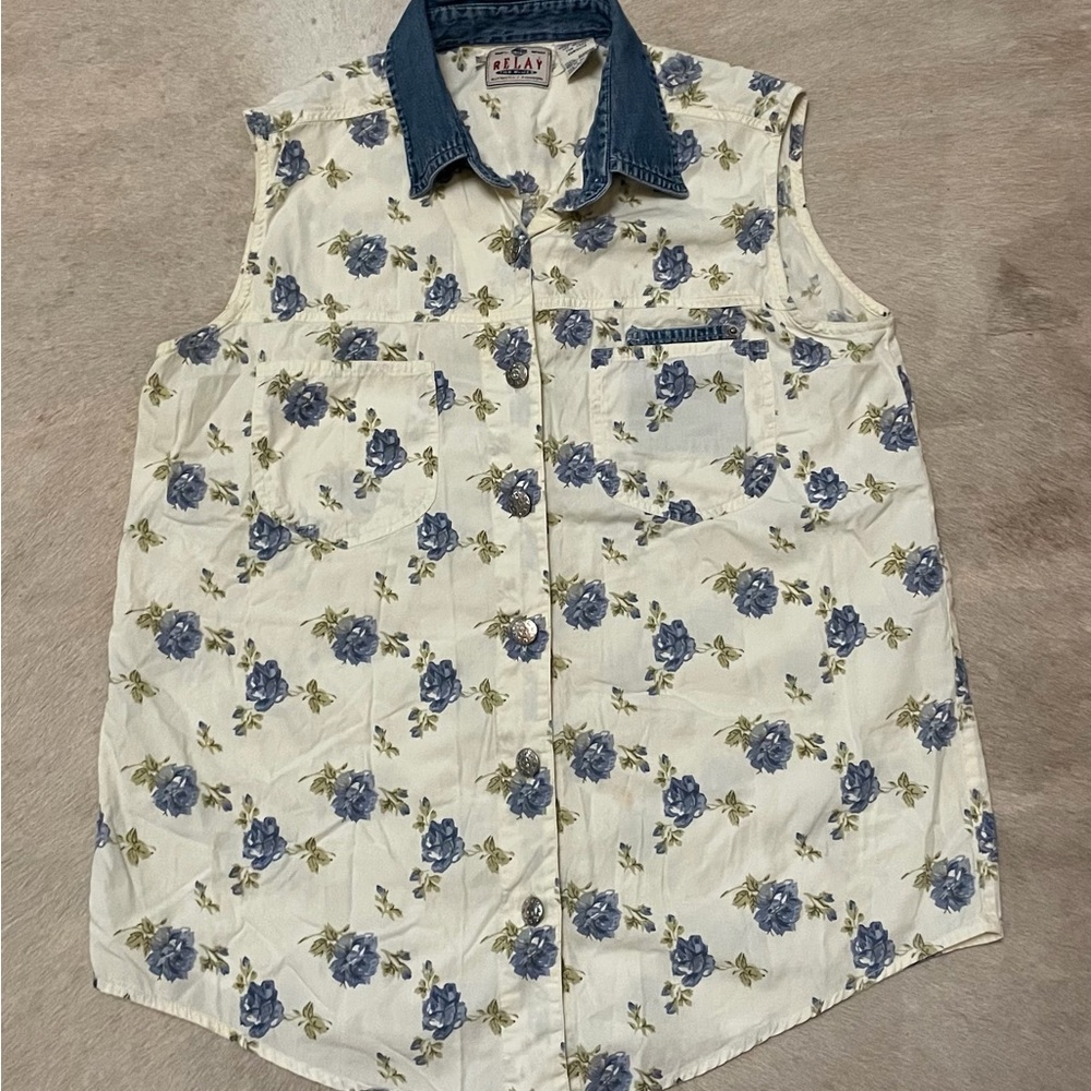 Vintage Replay Floral Denim Collar Tank Top - Blue and Cream